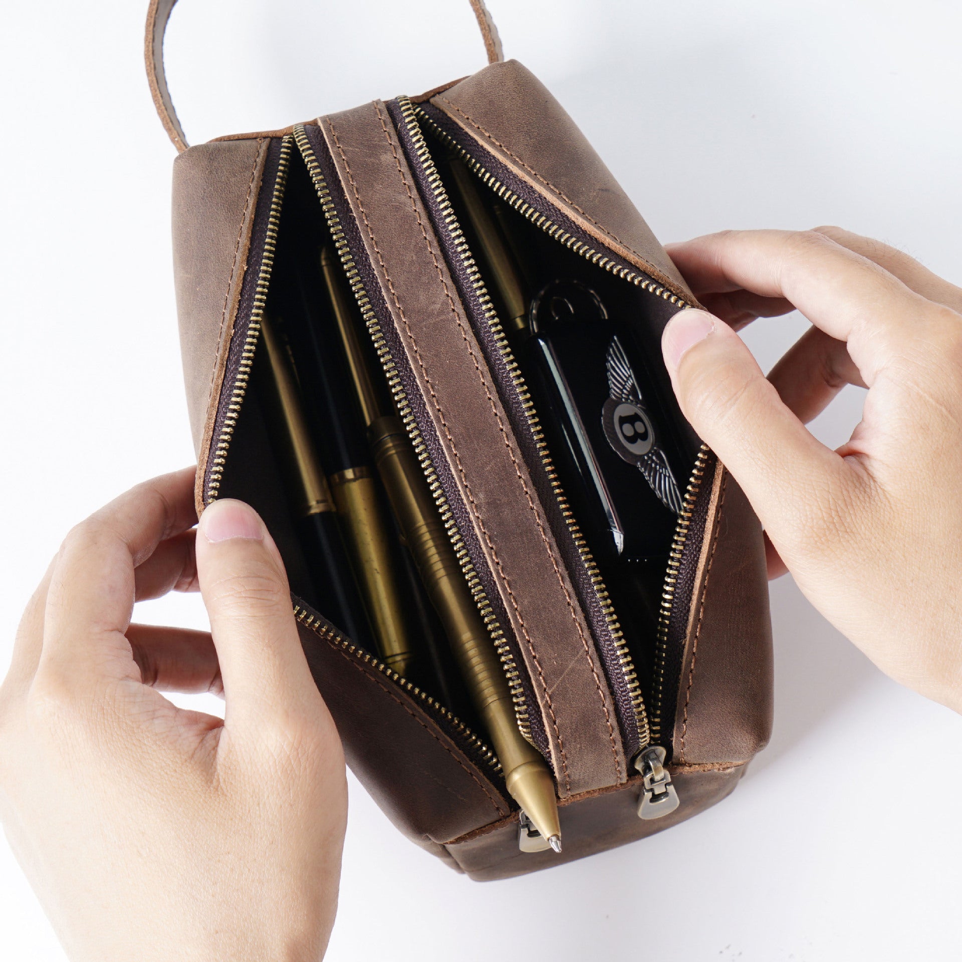 Wholesale Leather Simple Large -capacity Creative Double -layer Zipper Bag